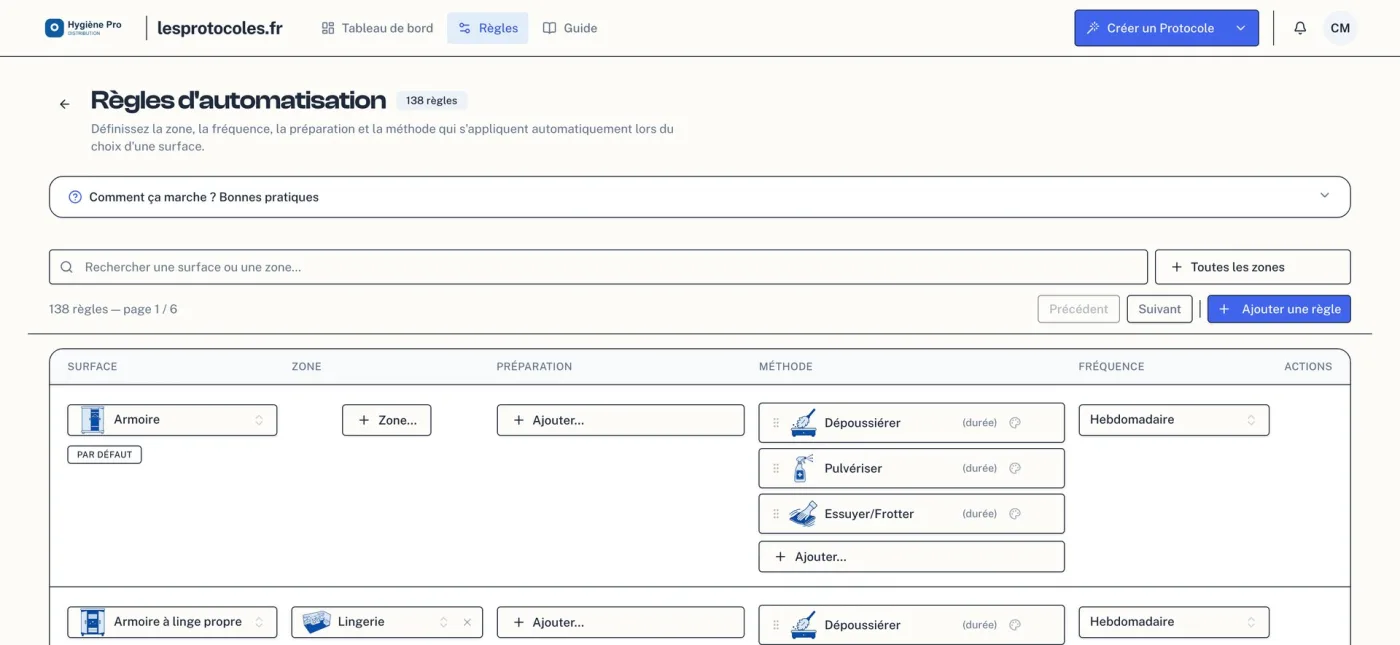 La page des règles d’automatisation : pour chaque surface, la zone, la préparation, la méthode et la fréquence appliquées automatiquement.